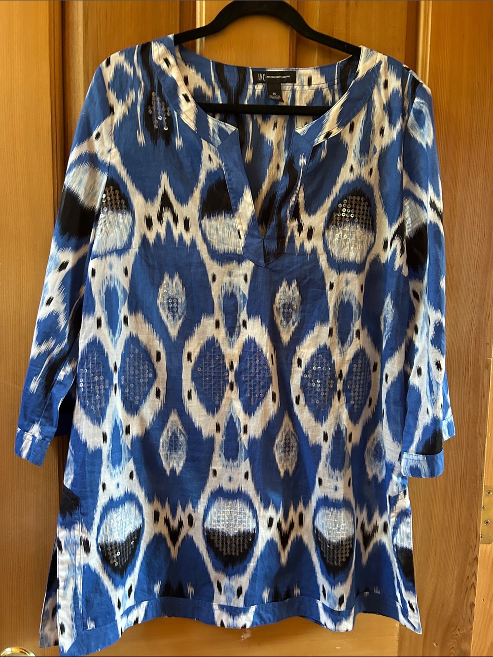 INC International Concepts Blue and White Ikat Tunic with Embellishment